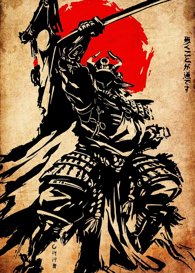 Samurai Warrior with Katana and Red Sun