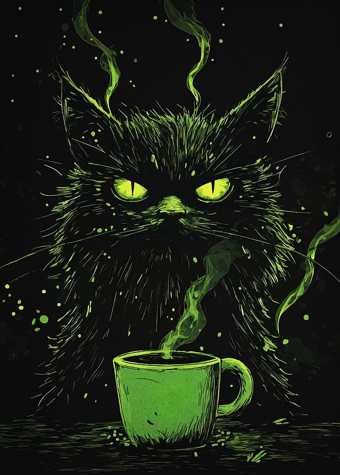 Green Cat with Coffee Cup