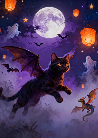 Halloween Night Cat with Bat Wings