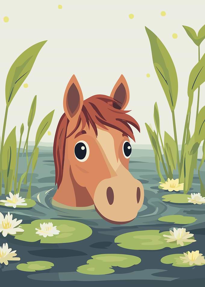 Cartoon Horse Swimming in a Pond