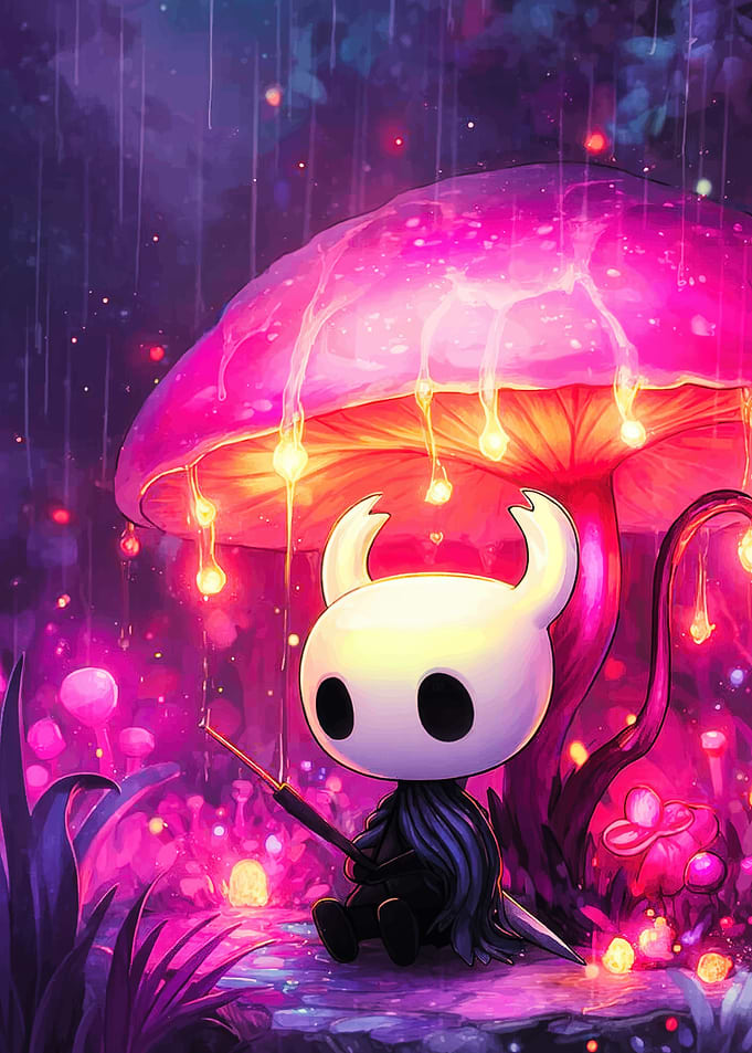 Hollow Knight under a glowing mushroom