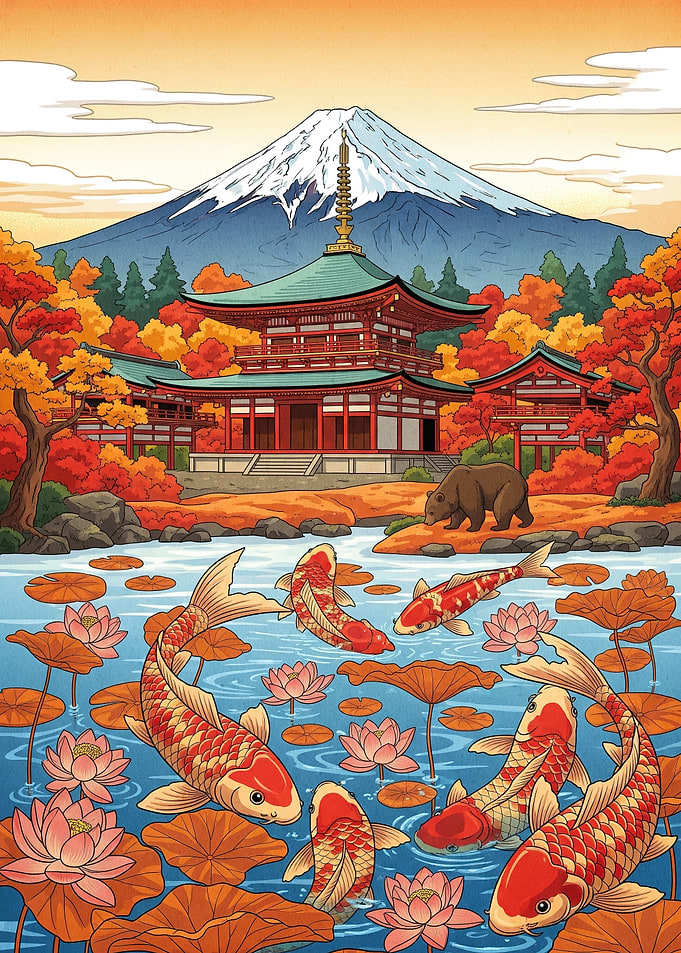 Japanese Temple Koi Pond and Bear