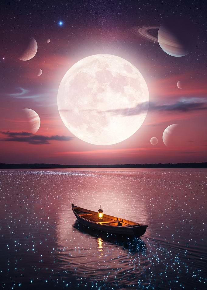 Boat on Cosmic Ocean with Planets