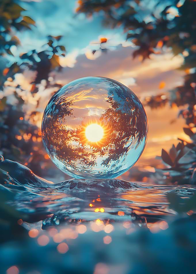 A floating glass orb contains a miniature sun.