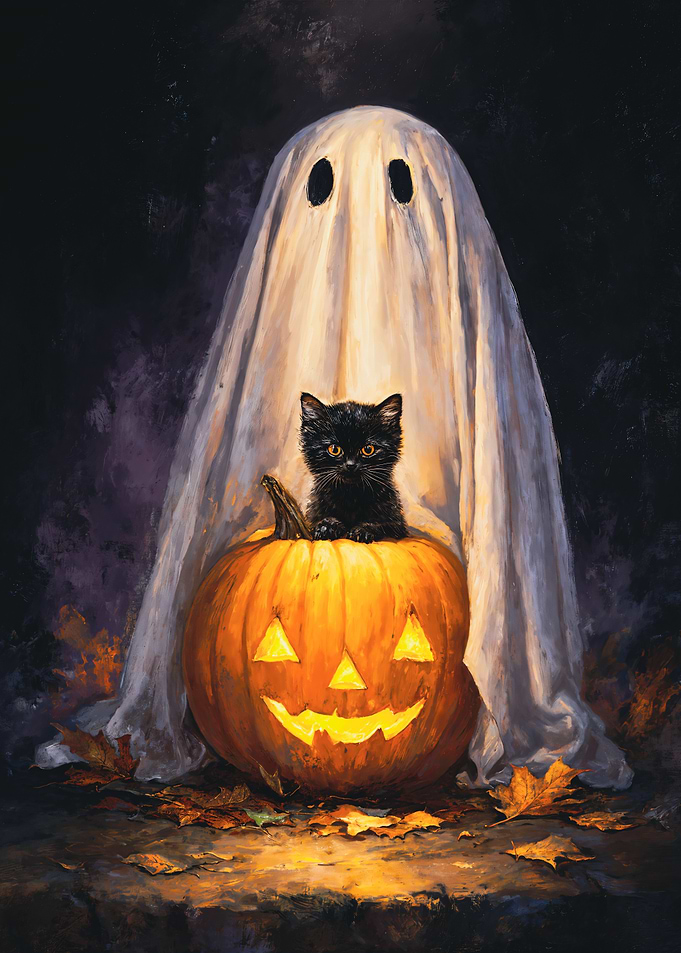 Ghost, Kitten, Halloween Pumpkin