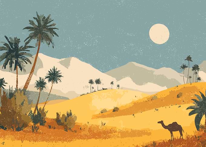 Desert Landscape with Camel and Palms