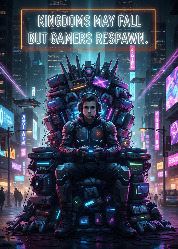 Gamer King in Cyberpunk Cityscape
