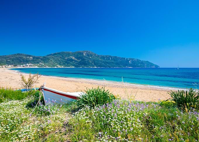 Idyllic Beach Scene with Boat, Corfu, Greek Island