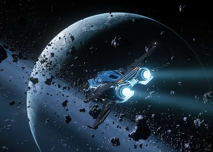 Blue Spaceship Flying Through Asteroid Field