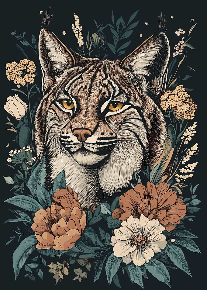 Bobcat Portrait with Floral Arrangement