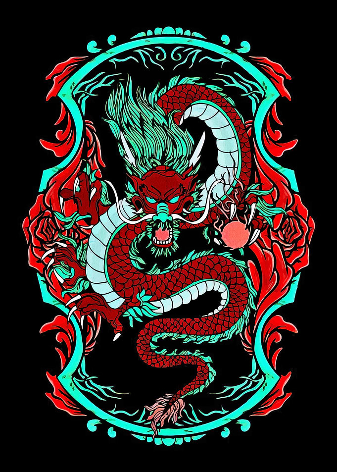 Red Dragon with Turquoise Frame