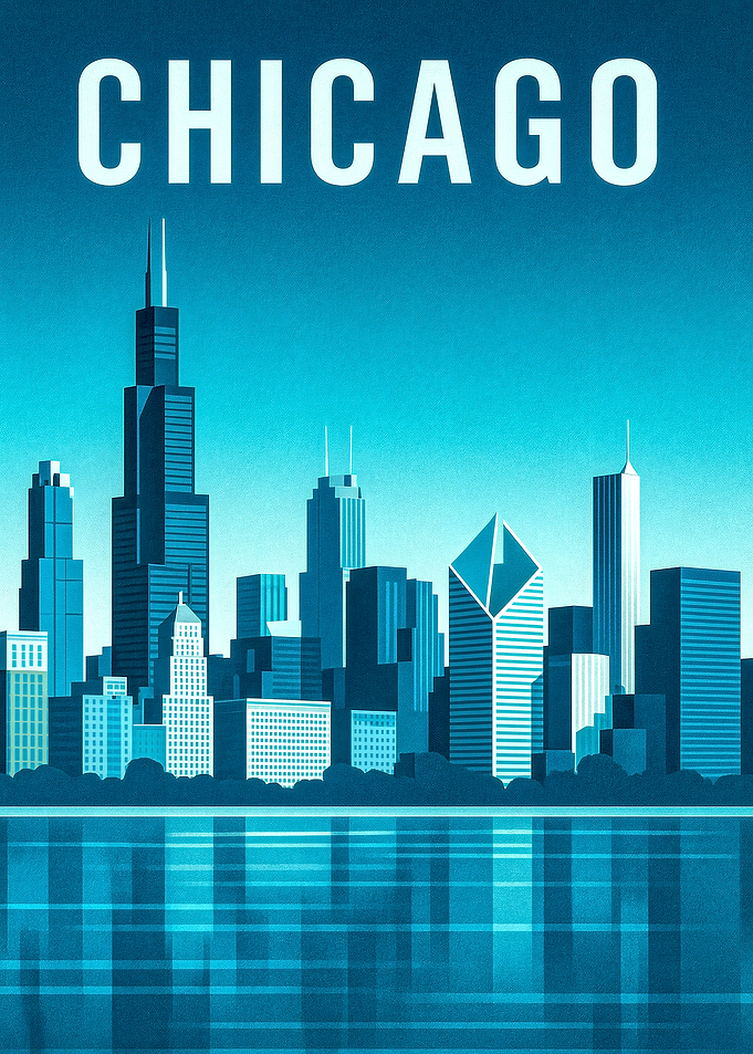Chicago Skyline Illustration in Blue Tones