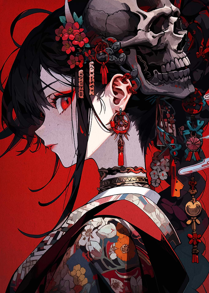 Anime Girl with Skull and Kimono