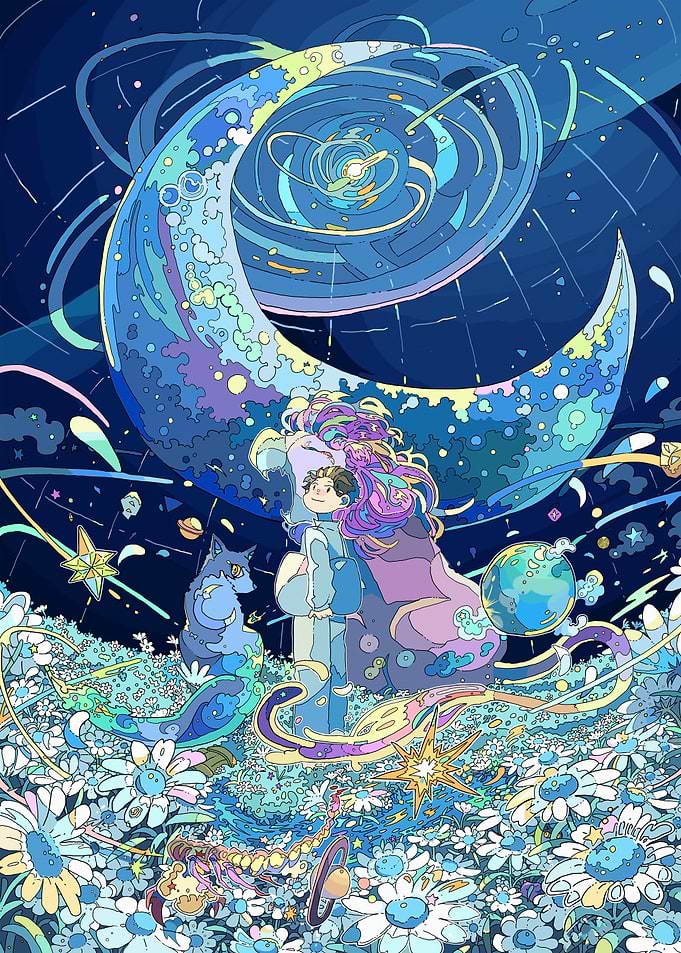 Dreamy Space Adventure with Boy and Wolf