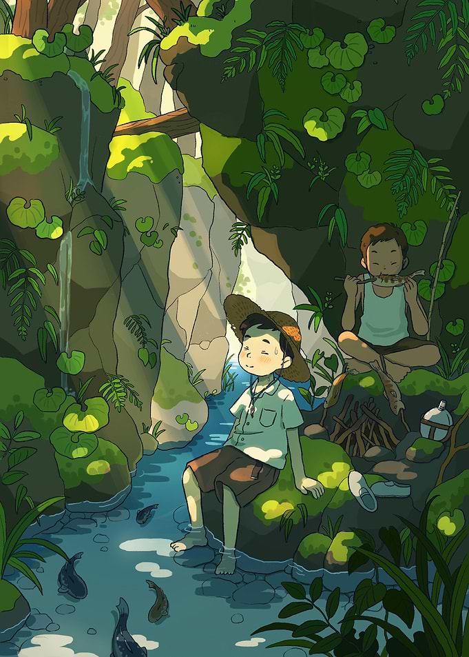 Boys Camping by a Stream