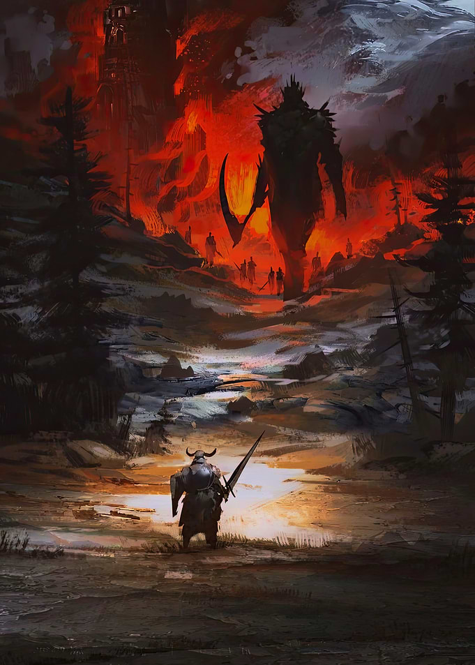 Fantasy Warrior Confronting Giant in Fiery Landscape