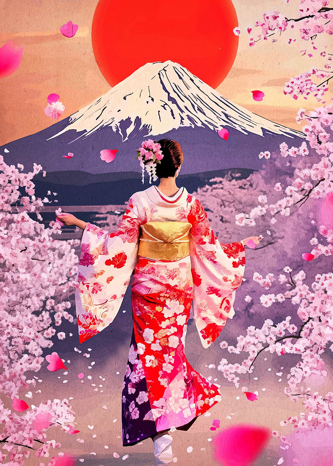 Japanese Woman in Kimono with Cherry Blossoms