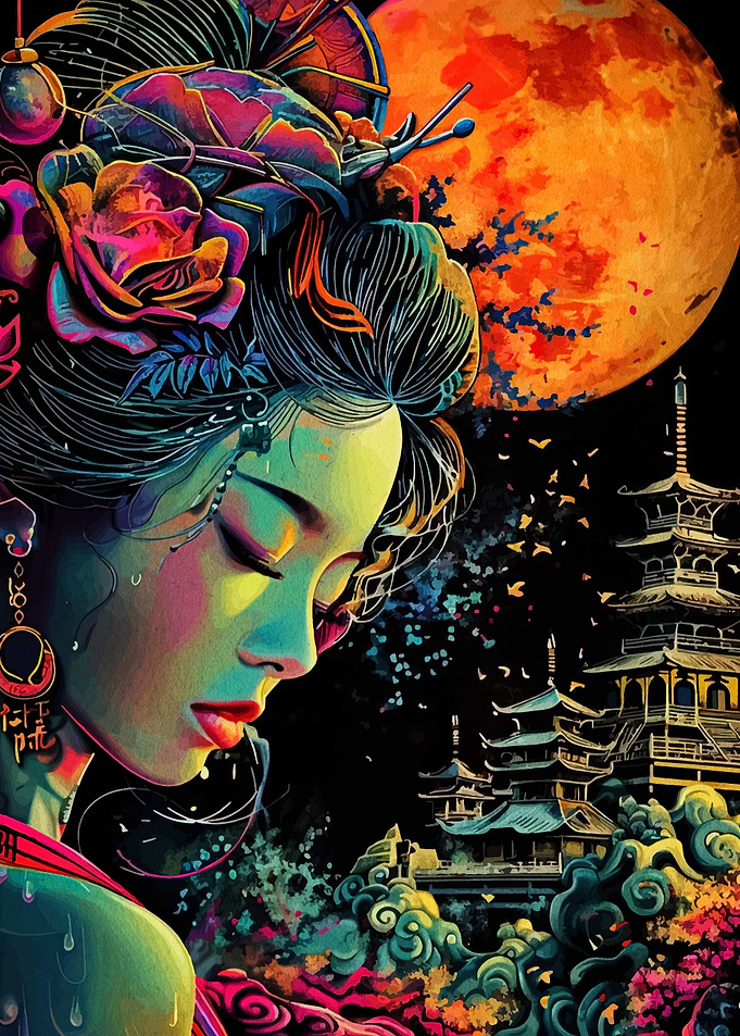 Colorful Geisha with Pagoda and Moon
