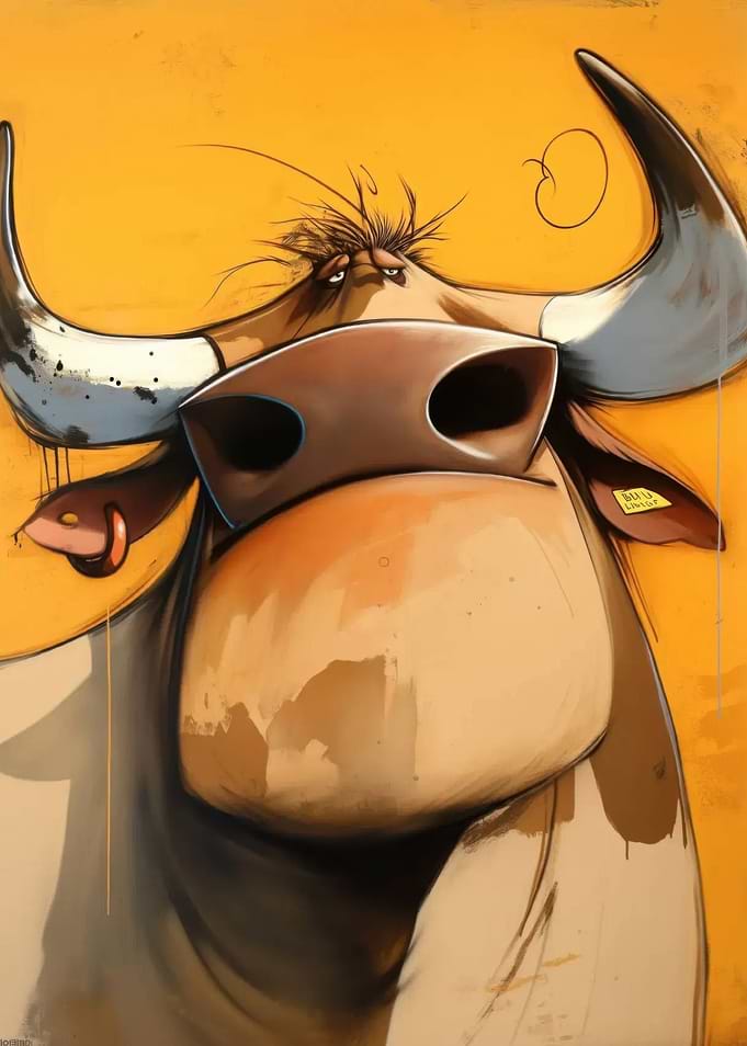 Cartoon Bull Portrait on Yellow Background