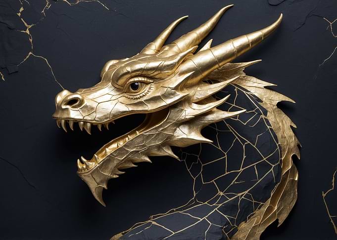 Golden Dragon Head on Dark Background