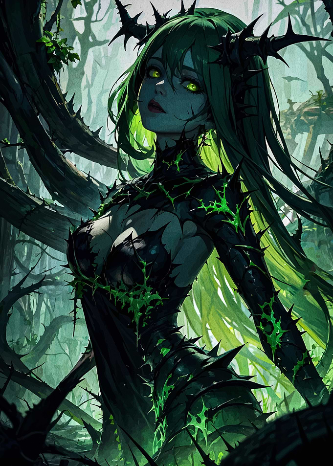 Forest Witch with Thorns and Green Hair