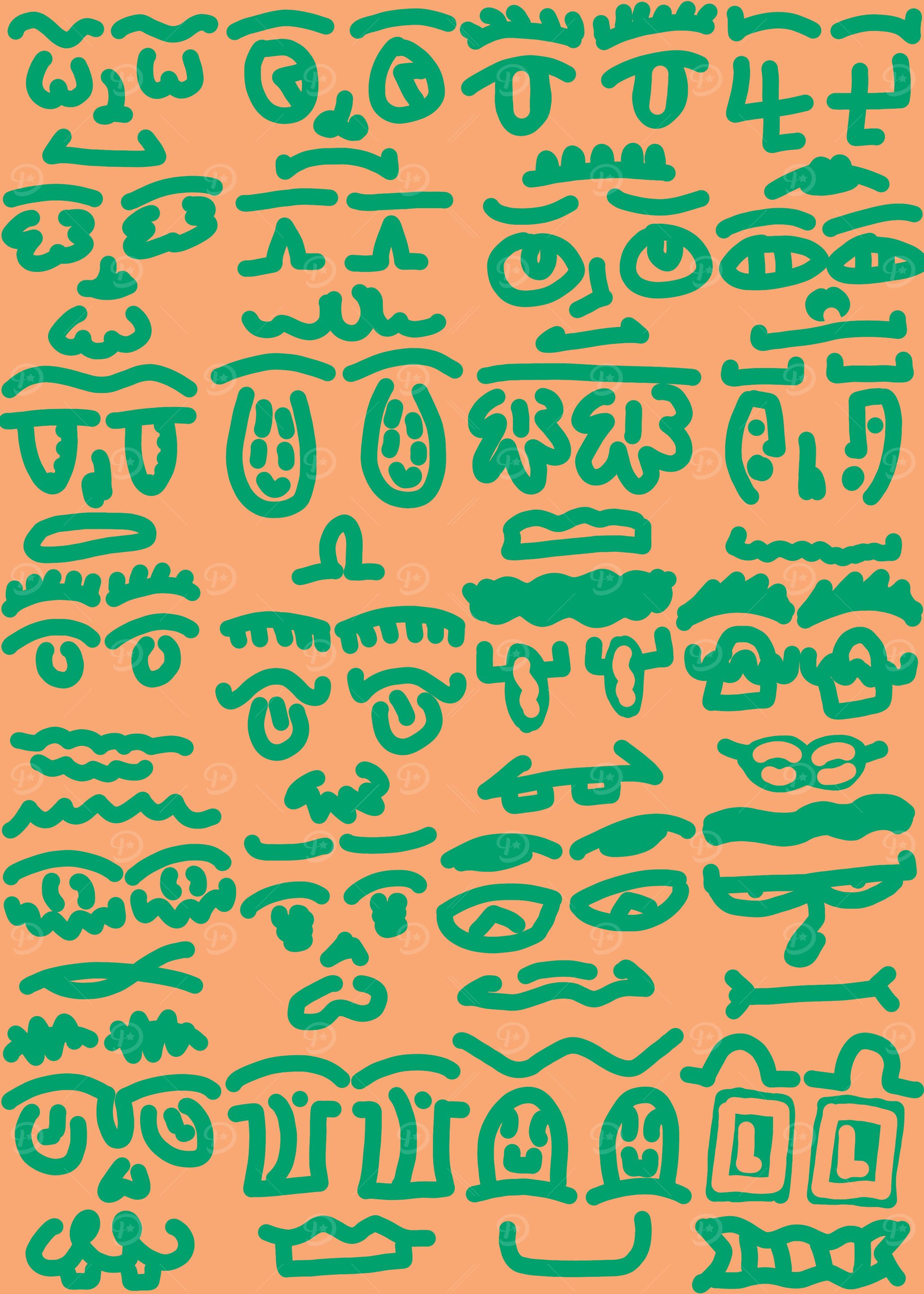 Abstract Faces Pattern in Green and Orange