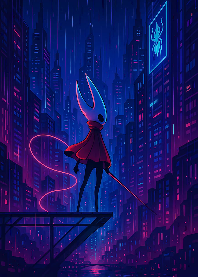 Hollow Knight: Hornet in Cyberpunk Cityscape