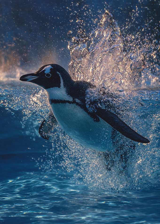 Penguin Splashing in Blue Water
