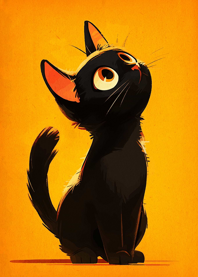 Cartoon Black Cat on Orange Background