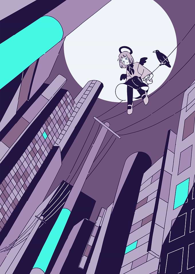 Anime Angel in Cityscape with Crow