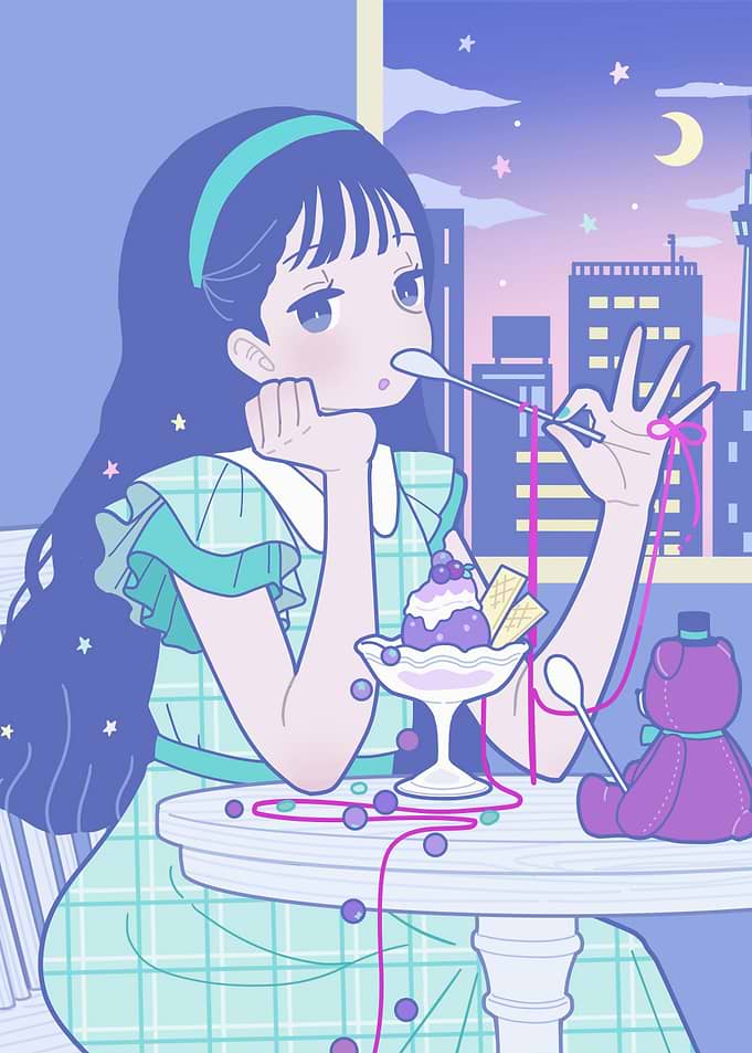 Girl with Dessert in Cityscape
