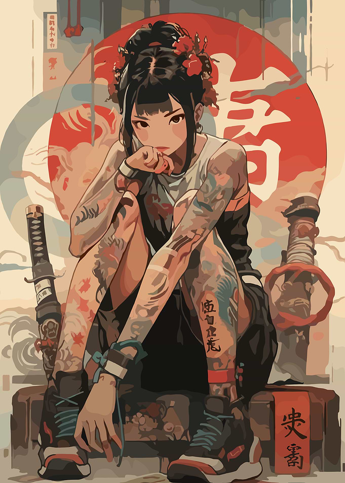 Tattooed Anime Girl with Katana