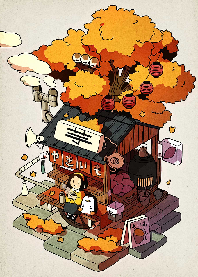 Autumnal Japanese Sweet Potato Stand Illustration