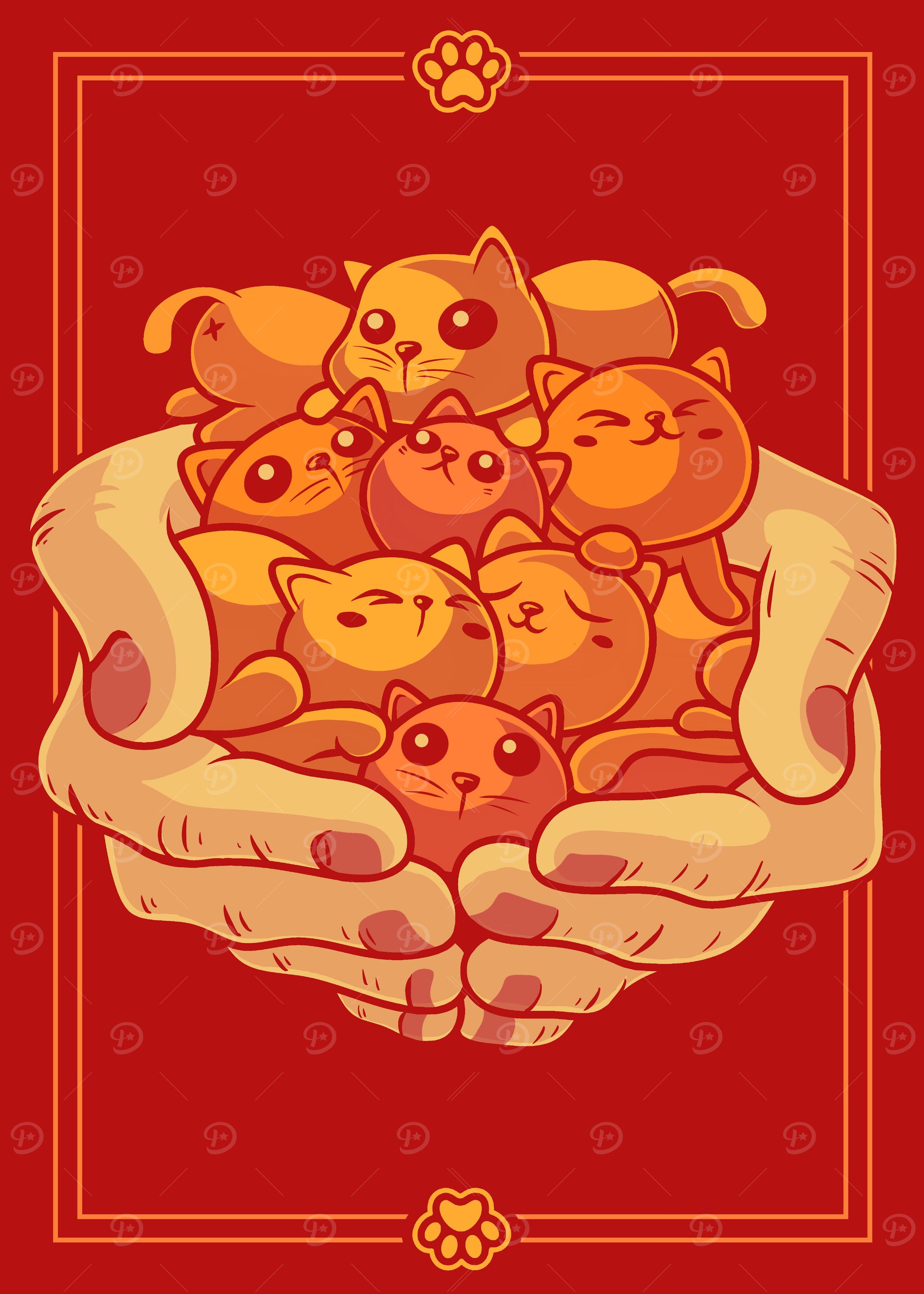 Hands Holding Cute Cartoon Cats
