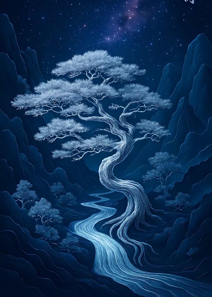 Blue Night Landscape with Tree and River