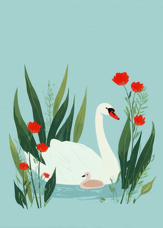 Swan and Cygnet with Red Flowers