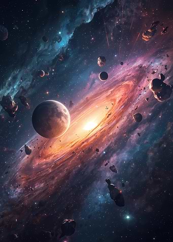 Vibrant Galaxy with Planets and Asteroids