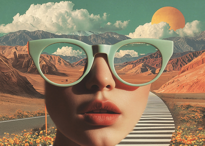 Surreal Portrait With Glasses Reflecting Desert Road And Mountains