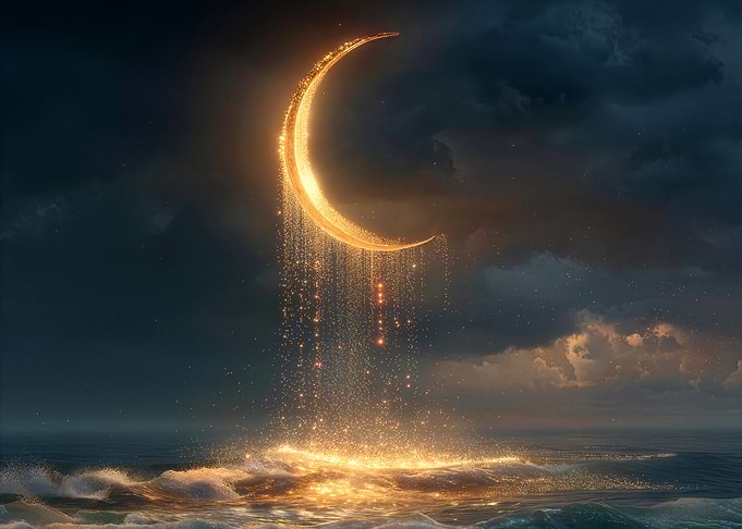 Surreal Golden Crescent Moon Above Ocean Waves