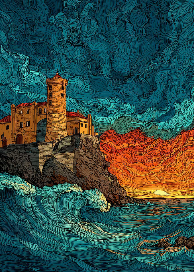 Coastal Castle with Waves and Sunset
