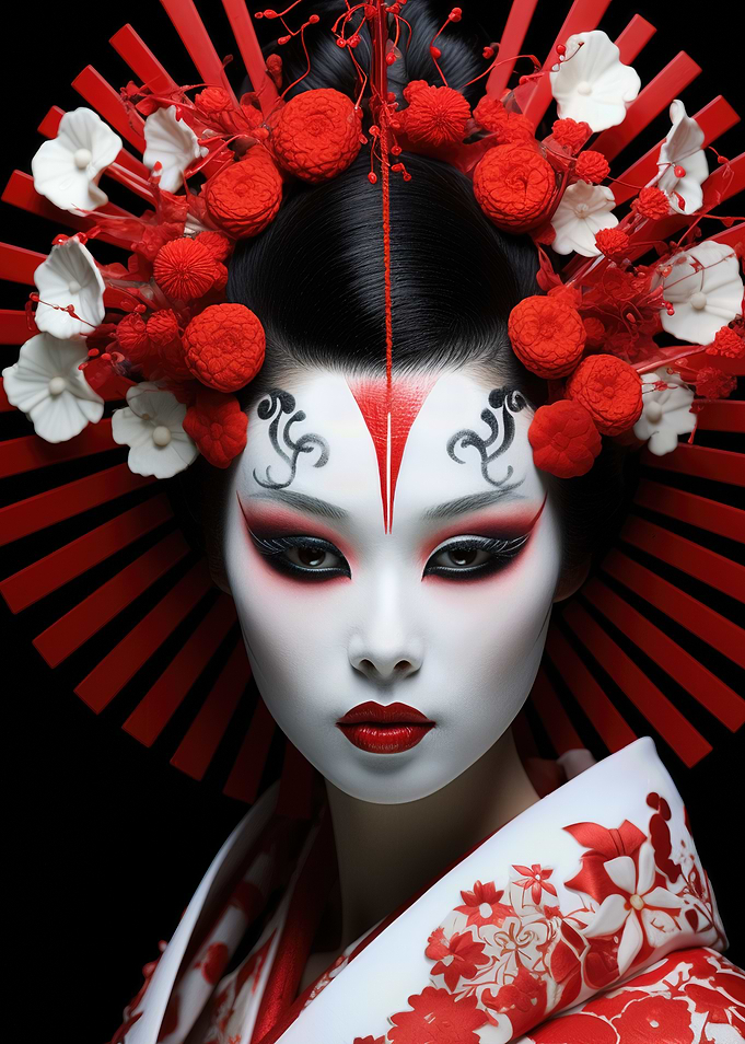 Geisha Portrait with Red and White Headdress