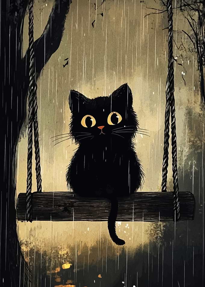 Black Cat on Swing in Rain