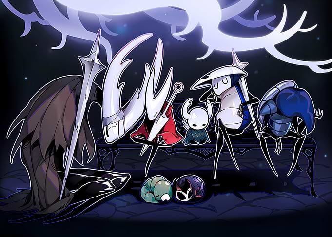 Hollow Knight characters on a bench