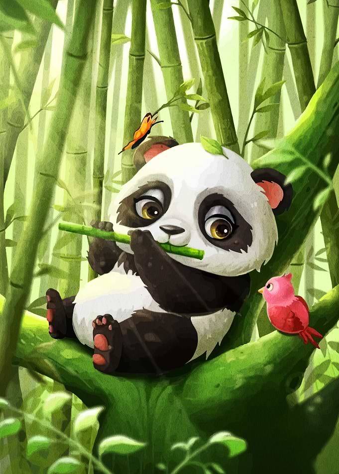 Cute Panda with Flute in Bamboo Forest