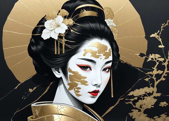 Elegant Geisha Portrait with Gold Accents