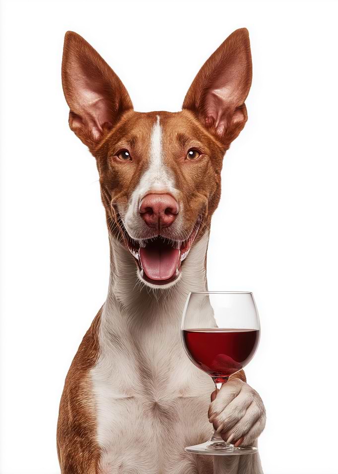 Ibizan Hound dog with Wine Glass