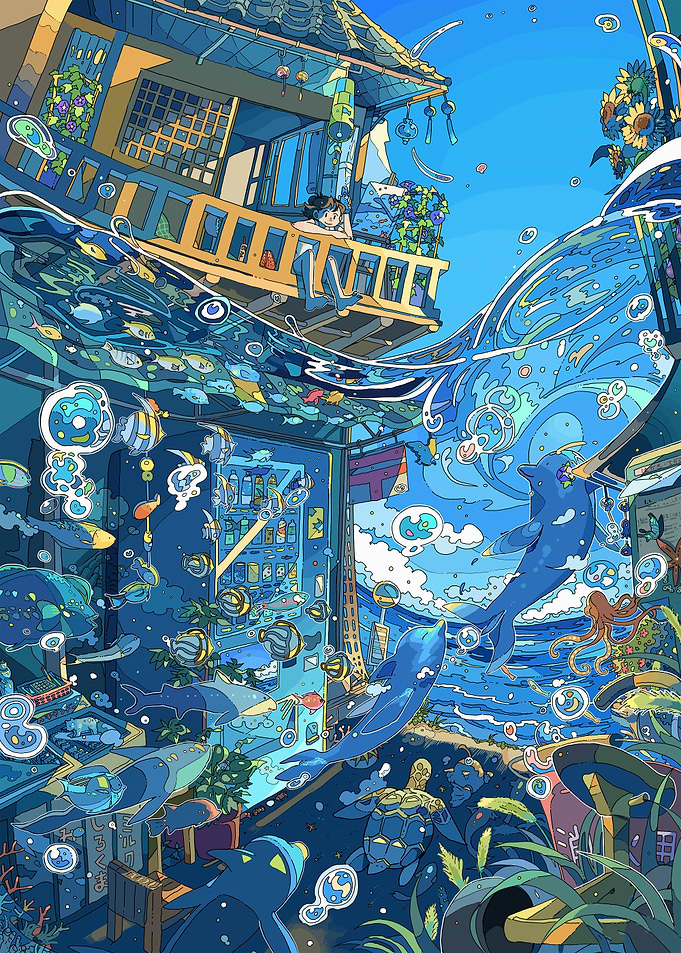 Underwater Cityscape with Dolphins and Building
