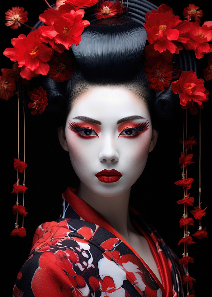 Geisha Portrait with Red Flowers