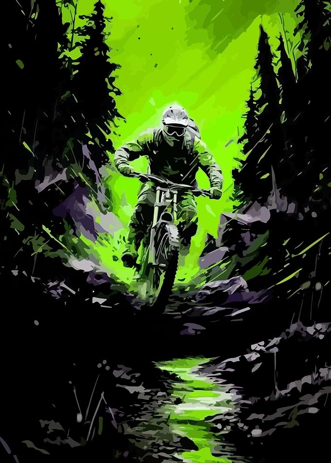Mountain biker in green forest