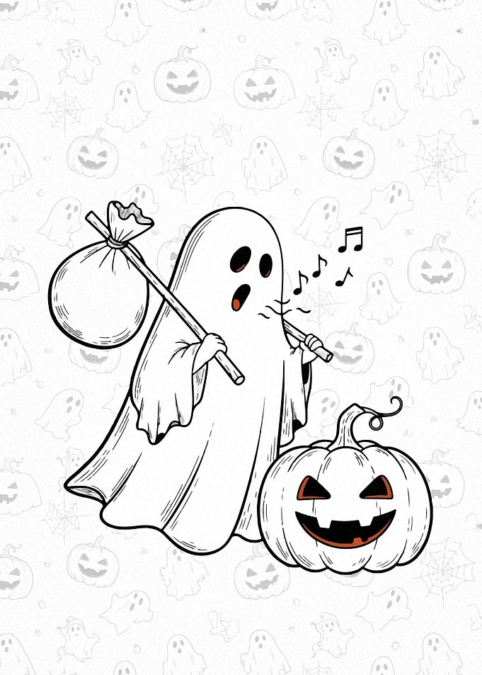 Halloween Ghost with Pumpkin and Sack